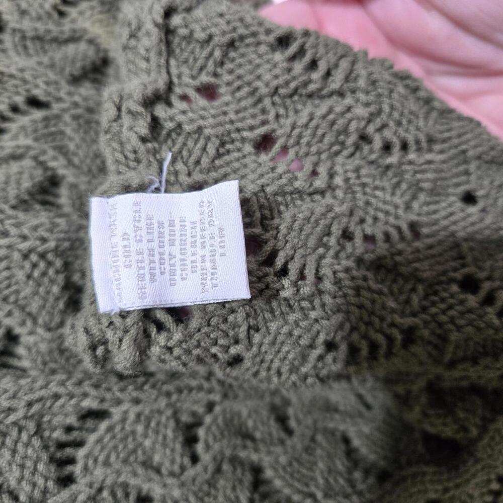 Charter Club Olive Green Cotton Pointelle Knit Sweater L V-Neck Scalloped Boho - Picture 5 of 8